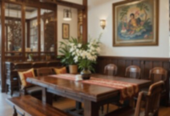 Blurry image of a restaurant interior.  javanesse restaurant interior. A blurred image of  a classic and elegant restaurant interior, perfect for background use or design elements. Blurred  background