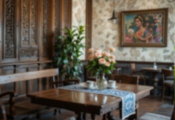 Fototapeta premium Blurry image of a restaurant interior. javanesse restaurant interior. A blurred image of a classic and elegant restaurant interior, perfect for background use or design elements. Blurred background