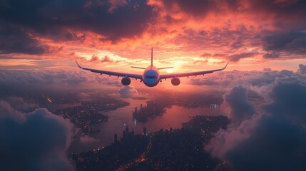 Dramatic aerial view of jet plane over city at sunset.