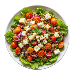 Fresh salad with cherry tomato, feta cheese, walnut, red onion, and leafy greens, seasoned with herbs and spices