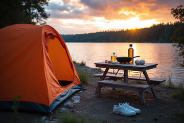 camping table with a grill and eggs on it
