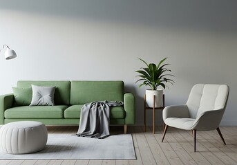 A living room with a green sofa, white armchair, plant and ottoman on a light colored wooden floor