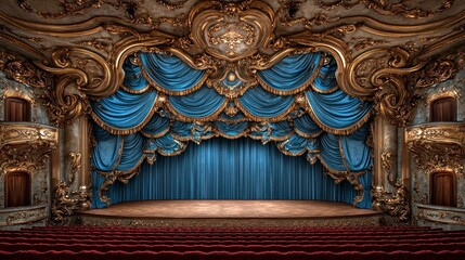 Fototapeta premium Opulent theater interior with gold details, blue curtains