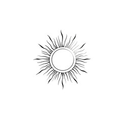 Fototapeta premium Monoline sun logo in minimalist black lines on white background, transparent PNG. Ideal for travel, beach, or holiday branding