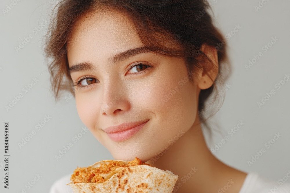 Aufkleber person of any race or age enjoying shawarma captured with soft bokeh effect in background