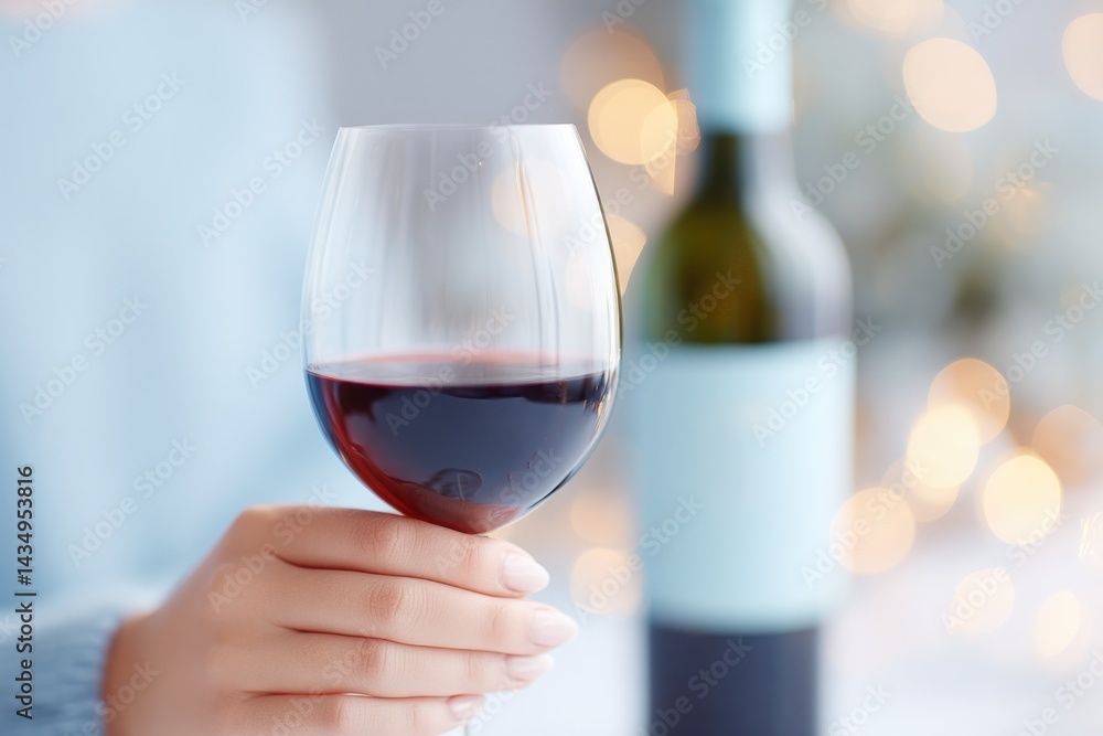 Poster person savors wine blurred background and accented bottle create depth minimalistic with ample copy 
