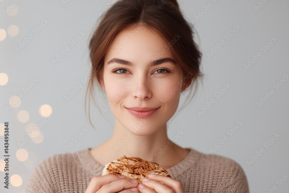 Aufkleber person of any race or age enjoying shawarma captured with soft bokeh effect in background