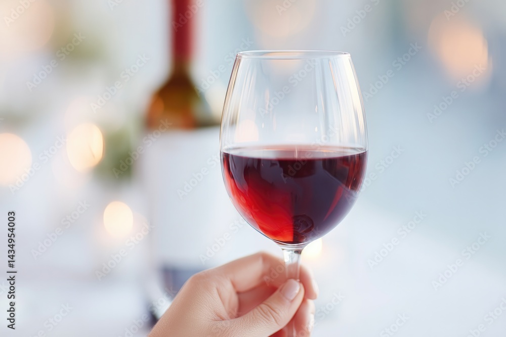 Poster person savors wine blurred background and accented bottle create depth minimalistic with ample copy 