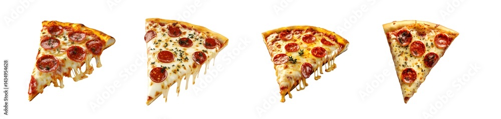 Poster set of triangular pizza slices, showing the toppings and a golden brown crust. isolated on transpare