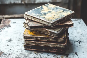 Obraz premium Stacked, weathered square metal plates