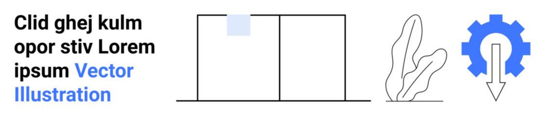 Gear with downward arrow, abstract shapes, and modern design elements. Ideal for technology, process management, automation, abstract design, data transfer, tech workflow simple landing page