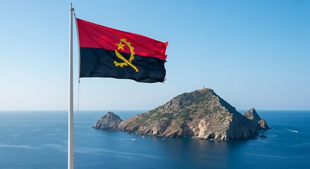 Angolan Flag Overlooking a Serene Island Landscape Under Clear Blue Skies