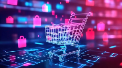 Neon-lit digital environment with a shopping cart and small cart icons.