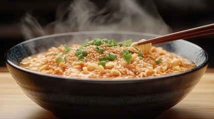 Steaming bowl of instant noodles being served with chopsticks.