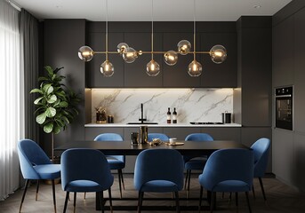 A modern dining room with blue chairs and a black table under a glass globe chandelier light fixture