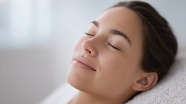 serene client with gentle smile eyes closed and tranquil demeanor after rejuvenating massage lies on soft massage table