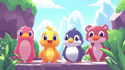 Fototapeta premium Four adorable cartoon animals standing together in a playful scene.