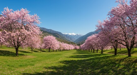 Obraz premium Vibrant Park Landscape with Pink Blossoming Trees in Full Bloom and Majestic Mountains Under a Clear Blue Sky