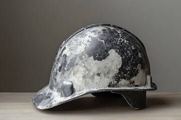 Fototapeta premium Worn construction safety hard hat helmet placed on wooden table