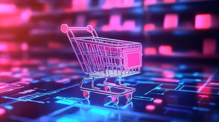 Neon-lit digital environment with a shopping cart and small cart icons.