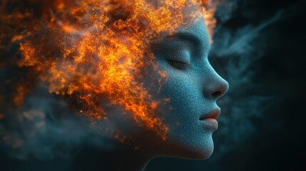 Intense fiery flames encircle a serene female profile.