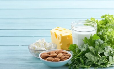 A fresh assortment of healthy foods including cheese, yogurt, almonds, and leafy greens on a light blue wooden surface.