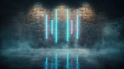 Neon lights glow on brick wall with moody atmosphere & fog