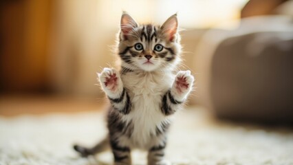 Kitten standing with paws up on carpet