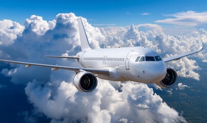 Naklejka premium Modern jet airliner soaring above fluffy white clouds