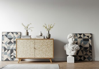 Interior featuring a cabinet with vases, books, and a bust, complemented by geometric art pieces
