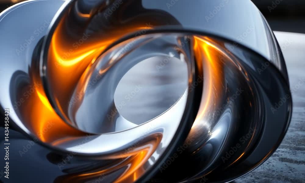 Poster abstract metallic sculpture with glowing elements on a reflective surface in an urban setting