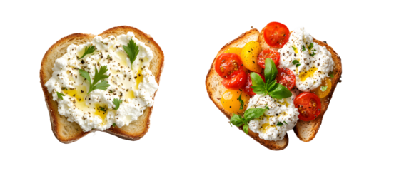 Two slices of toasted bread topped with creamy ricotta cheese, fresh cherry tomatoes, and herbs. isolated on transparent background