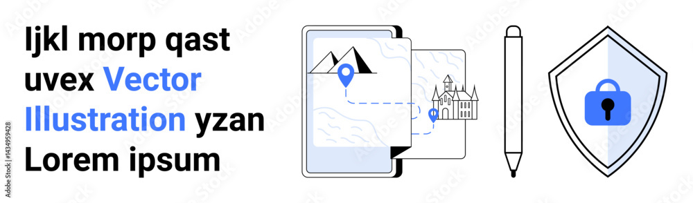 Aufkleber tablet displaying map location, pen for customization, shield lock for security. ideal for technolog