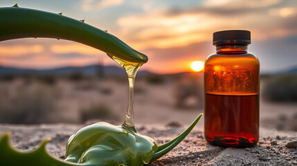 Aloe vera plant with gel oozing into a supplement bottle, set against a desert sunset backdrop, HDR amplifying organic rawness.
