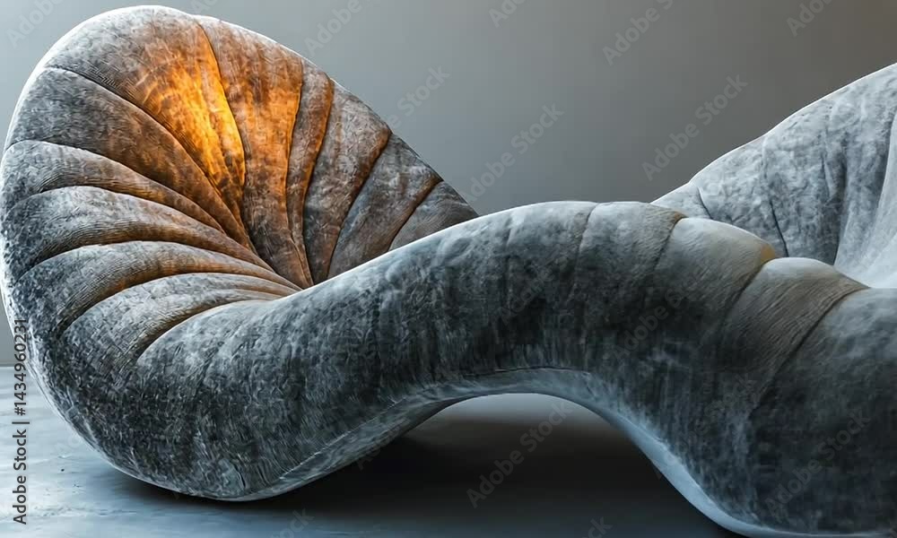 Poster abstract sculptural sofa design with soft curves, illuminated by warm light in a minimalist setting