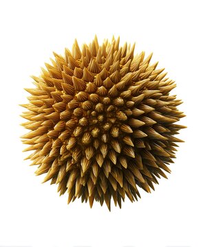 A golden, spiky pollen grain with radial symmetry and rough shell texture, highly realistic and ideal for use in scientific education and design.