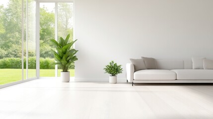 A modern white sofa with green plants in a minimalist living room, large floor-to-ceiling windows showcasing a lush garden view, and bright and airy interior design concept.