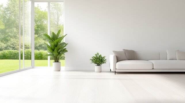 Fototapeta A modern white sofa with green plants in a minimalist living room, large floor-to-ceiling windows showcasing a lush garden view, and bright and airy interior design concept.