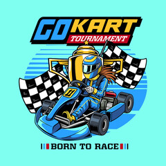 Kart sport racing, blue color with woman driver, gold trophy from side view cartoon illustration for poster, t-shirt print, business element, social media content, blog, sticker, vlog, and card