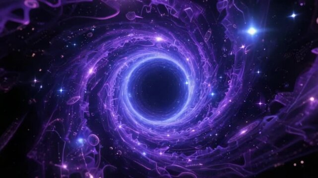 “Deep space wormhole surrounded by shifting galaxies, collapsing stars, and digital glitch overlays forming fractal patterns”