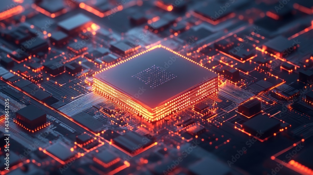 Poster high-tech circuit board with glowing processor