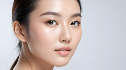 Obraz premium Beautiful young asian woman with clean fresh skin on white background, Face care, Facial treatment, Cosmetology, beauty and spa, Asian women portrait.