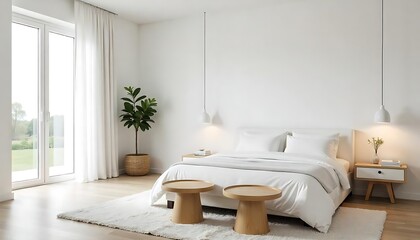 white bedroom serves as the interior backdrop, featuring exquisite furnishings including natural wooden tables in a contemporary style created with generative ai