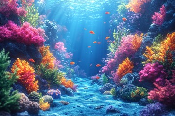 Naklejka premium Vibrant coral reef, ocean floor, sunlight, fish