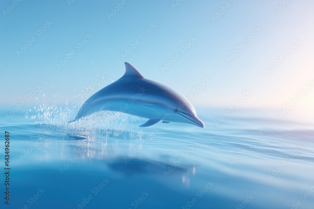 Poster sleek 3d rendering of dolphin breaching ocean surface capturing its form in mid-leap against clear s