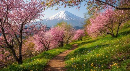 Fototapeta premium Pathway through Blooming Cherry Blossom Trees with Majestic Mountain in Spring