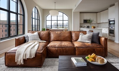 Modern living room with a sectional sofa and city views