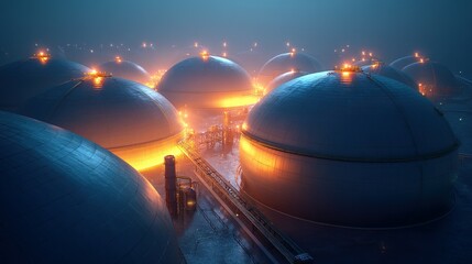 Vast array of industrial storage tanks illuminated at night.