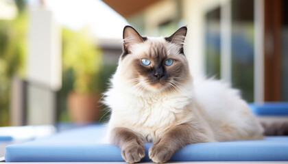Beautiful Siamese Cat with Bright Blue Eyes Relaxing Outdoors | Pet Photography