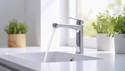 水道の蛇口から水が勢いよく流れているイメージ